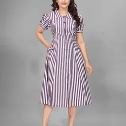 QENA Women Striped Puff Sleeve Shirt Collar Shirt Midi Dress-picture-21