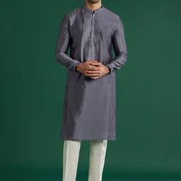 KALKI Fashion Men Embroidered Regular Mirror Work Kurta with Trousers-picture-14