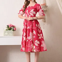 TRUVON FASHIONS Floral Print Puff Sleeve A-Line Midi Dress image 2