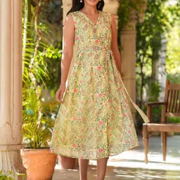 Janasya Women's Green Georgette Floral Printed A-Line Ethnic Dresses-picture-30