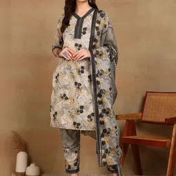 AARAGANA Floral Printed Thread Work V-Neck Straight Kurta With Trousers & Dupatta-image-40