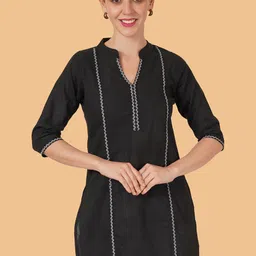 Brownverse Mandarin Collar Thread Work Pure Cotton Straight Kurti-image-24