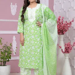 JC4U Floral Printed Thread Work Pure Cotton Kurta With Trousers & Dupatta image 5