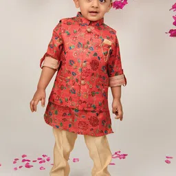 LITTLE COLLARS Boys Floral Printed Silk Kurta with Pyjama And Nehru jacket-picture-27