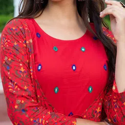 HERE&NOW Ethnic Motifs Printed Round Neck Thread Work Fit And Flare Maxi Ethnic Dress image 2