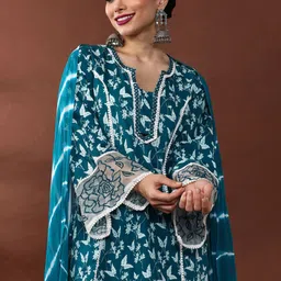 Anouk Floral Printed Thread Work Pure Cotton Straight Kurta With Trousers & Dupatta image 5