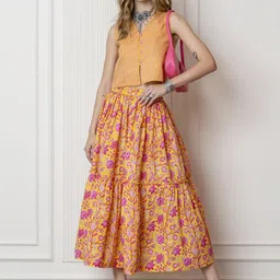 kalamir Zenava by Myntra Printed Cotton V Neck Jacket With Skirts Co-Ords image 2