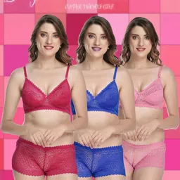 samvar Women Pink,Blue,Orange Cotton Bra Panty Set for Lingerie Set Undergarments Pack of 3-picture-12