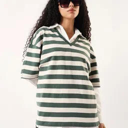 High Star Women Striped V-Neck Pure Cotton Oversized T-shirt-picture-11