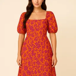 Aanandini Floral Print Puff Sleeve Fit & Flare Midi Dress-picture-32