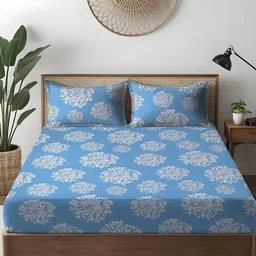 WEAVE AND DECOR Blue & White Floral 300 TC Bedsheet with 2 Pillow Covers-picture-27