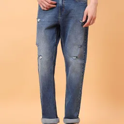 MEGHZ Men Classic Straight Fit Mid-Rise Mildly Distressed Light Fade Stretchable Jeans-picture-13