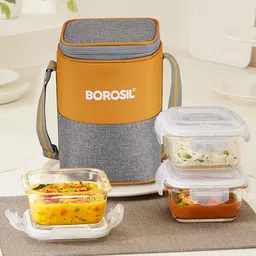 borosil Zest Glass Lunchbox, 3pc Square Set (320ml Each), Office Tiffin Box 3 Containers Lunch Box-picture-14