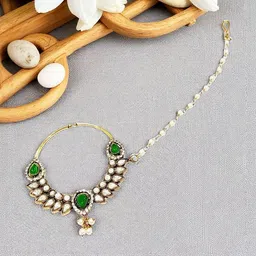 ANIKAS CREATION Gold-Plated Kundan Studded And Pearls Beaded Chained Nosepin-image-88