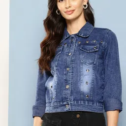 CORSICA Women Navy Blue Cotton Denim Jacket-picture-16