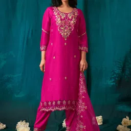 Indo Era Women Floral Embroidered Beads and Stones Kurta with Trousers & Dupatta-picture-43