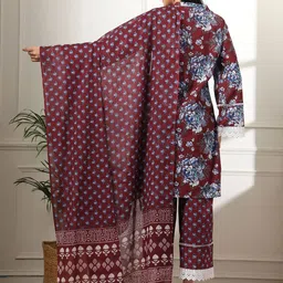 Yufta Maroon Floral Printed Regular Pure Cotton Straight Kurta With Trouser With Dupatta image 5