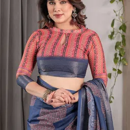 ALMAARI FASHION Ethnic Motifs Woven Design Zari Pure Cotton Banarasi Saree & Blouse Piece image 5