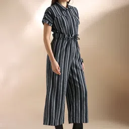 Globus Navy Blue & Grey Striped Cotton Basic Jumpsuit image 4