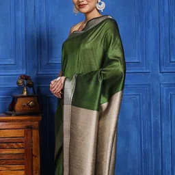 Meena Bazaar Colourblocked Woven Design Zari Tussar Saree image 4