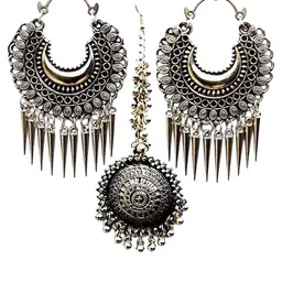 Oxidized Heaven Gold-Plated Maang Tika and Earrings image 1