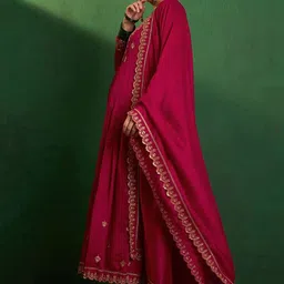 Moda Rapido Floral Embroidered Sequinned Round Neck A Line Kurta With Trousers & Dupatta image 5