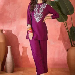 Sangria Floral Embroidered Tunic & Trouser Co-Ord Set-image-1