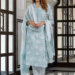 KALINI Women Floral Printed Regular Pure Cotton Kurta with Trousers & With Dupatta-picture-25