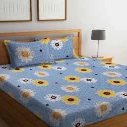 Aura Grey & Yellow Floral 300 TC King Bedsheet with 2 Pillow Covers-image-19
