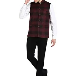ESSENTIELE Checked Mandarin Collar Sleeveless Nehru Jacket-picture-38