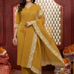 OZIA Women Ethnic Motifs Pleated Thread Work Pure Cotton Kurta with Trousers & With Dupatta-picture-23