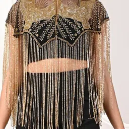 JEDCO Embroidered Self Design Mandarin Collar Short Sleeves Waterfall Shrug image 2