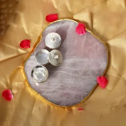 Exotic India Silver Toned Rose Quartz Plate with Kumkum Box & Gangajali image 2
