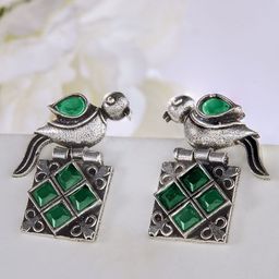 Priyaasi Silver-Plated Emerald Stone Studded Contemporary Oxidized Drop Earrings-picture-13
