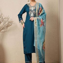 VredeVogel Women Floral Yoke Design Regular Sequinned Kurta with Trousers & Dupatta-picture-40