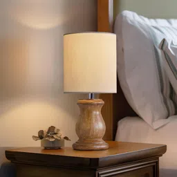 decor city Mid Century Table Lamp for Living Room Linen Shade Bedside Lamps Dowel Walnut Table Lamp-picture-16