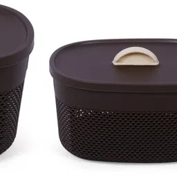 sukhson india Plastic Plastic Set of 3 for Multipurpose Storage Basket for Kitchen, Office, Bedroom, Bath Room with Lid Beige Storage Basket image 4