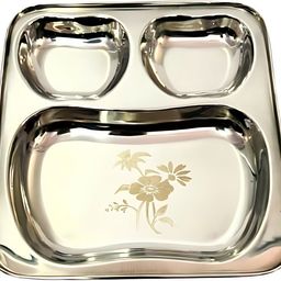 sonanshi Stainless-Steel Flower Print Apple Shape Katori 3 in 1 Divided BhojanThali Dinner Plate-picture-24