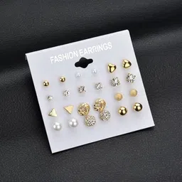 PolluxCraft Set of 12 Gold-Plated Stones Studded And Beaded Circular Shaped Korean Studs-picture-34