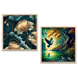 Kotart Teal Blue & Gold Toned 2 Pieces Abstract Wooden Wall Arts-image-78