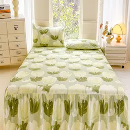 JC HOME Green & Cream-Coloured Floral 140 TC Queen Bedsheet with 2 Pillow Covers-picture-40