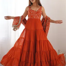 THE52 Women Floral Embroidered Tiered Thread Work Kurta with Pyjamas & With Dupatta-picture-37