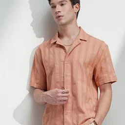 HIGHLANDER Men Comfort Relaxed Fit Textured Cuban Collar Cotton Casual Shirt-picture-26