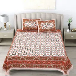 Wayne Martin White & Brown Floral 300 TC Pure Cotton King Bedsheet With 2 Pillow Covers-image-91