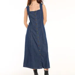COVER STORY Women Square Neck Sleeveless Cotton Denim Fit and Flare Midi Dress-image-35