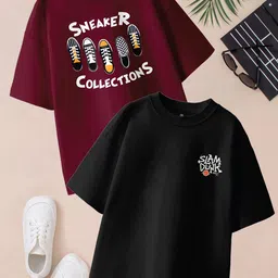 BAESD Boys Pack Of 2 Typography Printed Drop-Shoulder Sleeve Oversized Pure Cotton Tshirts-picture-27