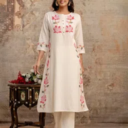 AUTUMN LANE Floral Embroidered Thread Work A-Line Kurta With Trousers-picture-23