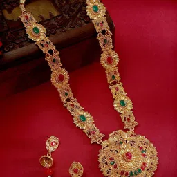 SOHI Gold-Plated Red Stone-Studded Pearls Beaded Meenakari Necklace & Earrings-picture-21