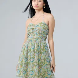 20Dresses Women Ethnic Motifs Printed Halter Neck Ruched Fit & Flare Dress-picture-30