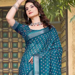 Mitera Ajrak Block Zari Pure Cotton Designer Saree image 2